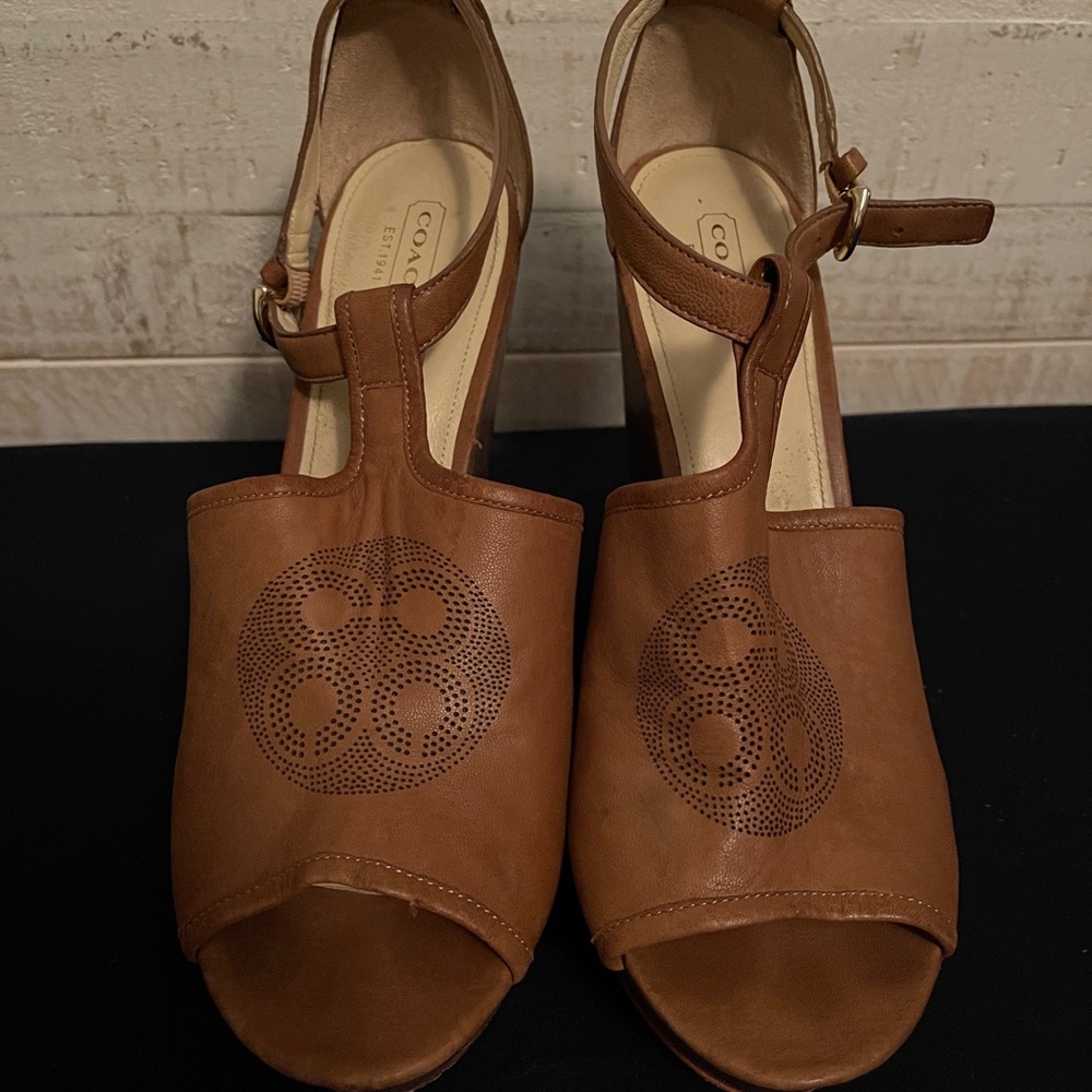 Brown Coach ankle strap wedges